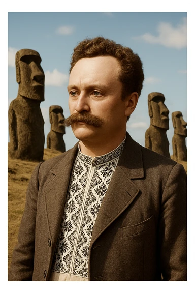 against the backdrop of statues on Easter Island sticker