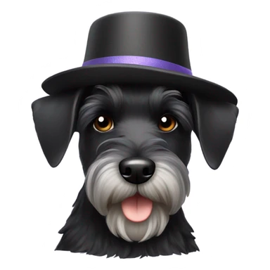 Black miniature schnauzer wearing a chapeau sticker