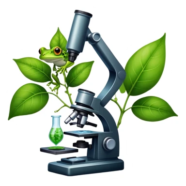 An icon featuring a DNA strand, a microscope, and a green leaf, symbolizing biology. The design includes animal cells, plant structures, and a frog, representing the study of living organisms and ecosystems. Transparent background highlights life sciences and biological research. sticker