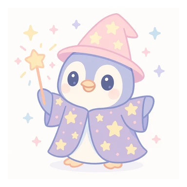 a cute penguin wizard casting a spell, wearing a starry robe and holding a wand sticker
