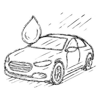 hand-drawn outlined icon of a full high-end vehicle with glossy black paint, water droplet sliding on the surface, subtle repellent effect with lines, clean and modern sticker