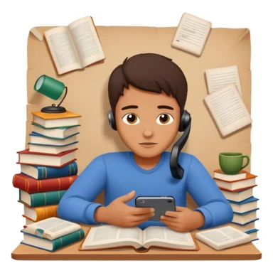 emoji student lying with phone instead of studying, lazy, books, white background, sticker