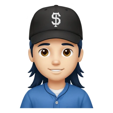 generate a pretty bratz boy wearing a dark blue button up shirt, long black mullet hair. Matching blue baseball cap on head. smirking sticker