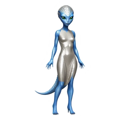 alien reptilian woman in silver dress, full body blue eyes sticker