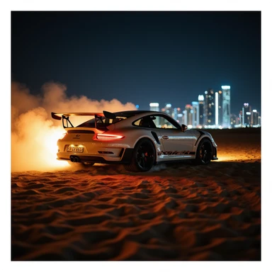 Cinematic shot, Porsche 911 gt3 rs in fire, desert, night, dubai city in background sticker