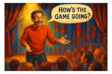 Place the interesting man from the reference image on a lively theatrical stage with a spotlight shining on him. He is in an engaging pose, asking 'How's the game going?' with an audience in front watching attentively. The scene should be vibrant and full of theatrical energy, capturing the mood of a live performance. sticker