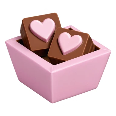Two square milk chocolate 2 pralines only, Each praline is a sharp-edged cube with smooth glossy chocolate coating, placed in a small white fluted paper candy cup. On top of each cube is a flat pastel pink heart-shaped icing, thin and smooth, slightly translucent, with fine sugar crystal sparkle. sticker