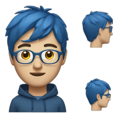 white guy with short straight fringe, clear glasses, a short beard, one earring, very tall and blue hoodie sticker
