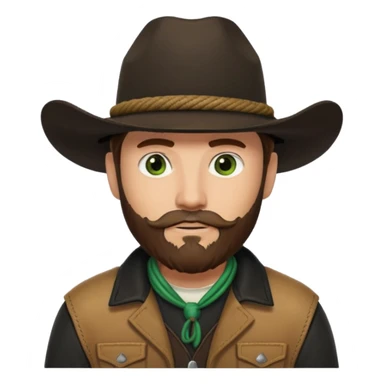 yellowstone ranch cowboy with brown beard & green eyes, black cowboy hat with plain black rope and no jewel, black shirt, and leather tan jacket sticker