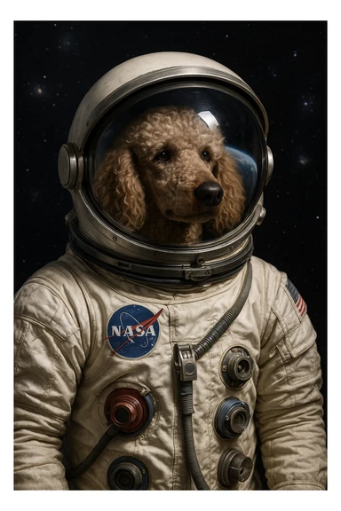 a realistic poodle in a NASA-style spacesuit, helmet with reflection of Earth, deep space background sticker