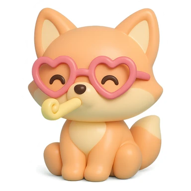 baby fox with heart glasses blowing party horn in vinyl figure style sticker