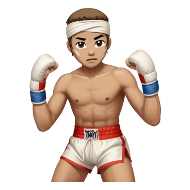 ​Cinematic Realistic Traditional Muay Thai Fighter, depicted in authentic attire featuring white bandaged gloves wrapped around his fists, a traditional headband tied neatly, and classic Muay Thai shorts, captured in a dynamic fighting stance under dramatic, high-energy lighting that highlights the raw power and elegance of the art, sticker