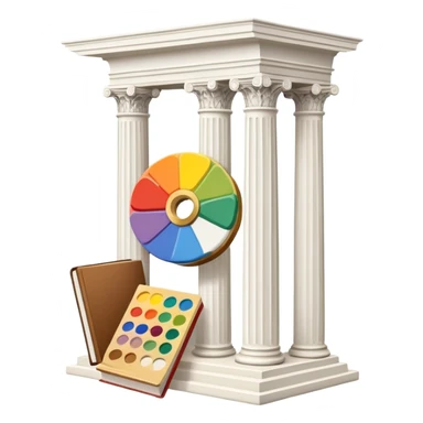 An icon featuring a paint palette, a sculpture, and a book, symbolizing the study of culture and art. The design includes a classical column and a canvas, representing art history and cultural exploration. Transparent background highlights the connection between creativity and history. sticker