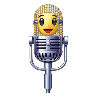 Create a glamorous and vibrant emoji representing stage vocal performance. The design should feature a humanless collage of classic vintage microphone, stage costume covered in rhinestones, sparkling brightly. The costume should be stylized, with glittering elements like sequins and sparkles, and reflect the glitzy, extravagant nature of show business. The microphone should have a sleek, retro look with chrome or metallic accents. Use rich, dazzling colors like gold, silver, deep purple, and bright red to evoke the glamorous, larger-than-life feel of a stage performance. The background should be transparent. sticker