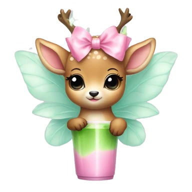 baby deer with fairy wings and a pink bow around its neck drinking iced matcha latte  sticker