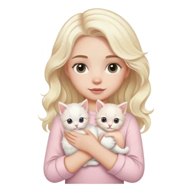 cô gái da trắng tóc bạch kim gợn sóng mặc áo màu hồng nhạt bế một em mèo con lông trắng sticker