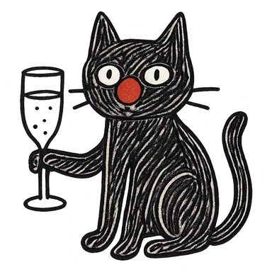 black cat with a red clown nose and a champagne glass, hand-drawn and quirky sticker