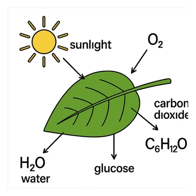 A highly scientific, labeled diagram of the full photosynthesis process, showing sunlight, water, CO2, O2, glucose, and arrows for each step, with clear scientific labeling, no background, transparent background sticker