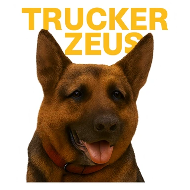 Reduce the image file size as much as technically possible, even if it lowers image quality, while keeping the background fully transparent, the realistic German Shepherd, and yellow 'Trucker Zeus' text. sticker