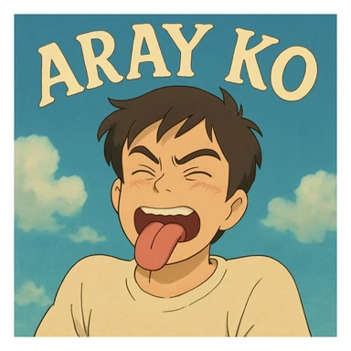 a guy with his tongue out and the words 'aray ko' in ghibli style sticker