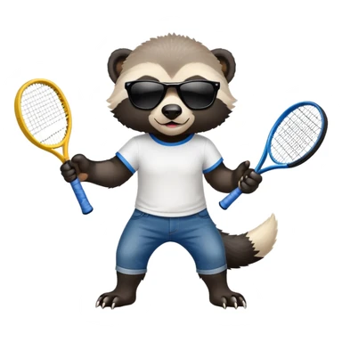 mischievous anthropomorphised honey badger in jeans and a t-shirt, wearing sunglasses, holding a tennis racket sticker