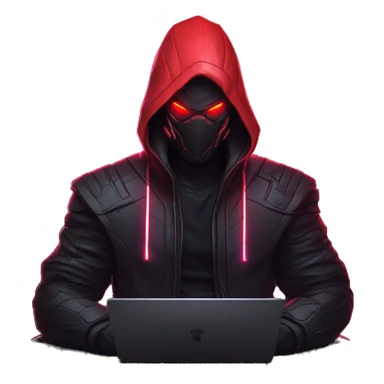 developer behind his laptop with this style : crysis Cyberpunk Riot Games Valorant neon glowing bright red character red dark black hooded assassin themed character sticker
