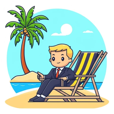 blonde man in business suit sitting on beach chair, vacation setting with palm trees sticker