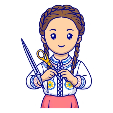Ukrainian young girl with braided hair wearing a white embroidered traditional shirt (vyshyvanka) holding scissors and colorful craft paper sticker