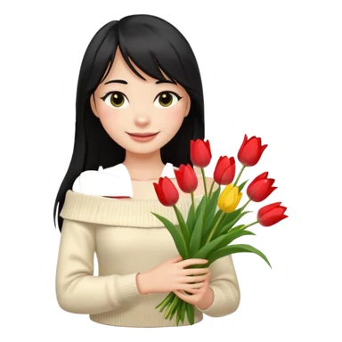 a girl with long black hair, thin bangs, black eyes, wearing a cream off-shoulder sweater, holding a bouquet of tulips, emoji style, smiling sticker