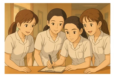 Ghibli illustration of four nursing students in white medical uniforms, short sleeves, V-neck, no collar, no buttons, left chest pocket, bare arms, long hair tied back, collaborating, based on the four reference faces. sticker