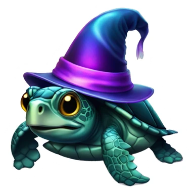 Dark iridescent sea turtle glowing with a wizard hat sticker