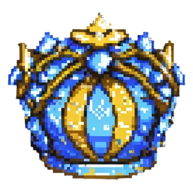 pixel art crown in gold and blue, retro video game style sticker