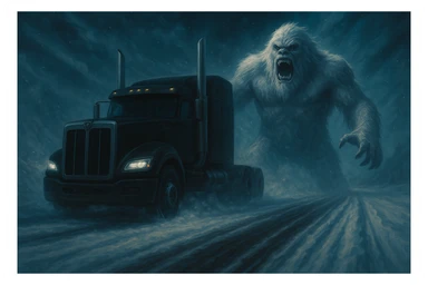 Edit the image to make the semi truck black and place the abominable snowman in front of the semi truck, keeping the same style and scene as the original. sticker