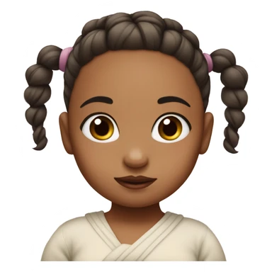 Baby girl with her hair tied up in a bun and she has white skin sticker