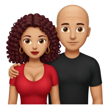 A picture of a sexy tanned couple. the guy is Mexican, with a bald hair cut and a red shirt. the girl is mixed, she has curly longer dark brown hair, and with big boobs and wearing black shirt  sticker