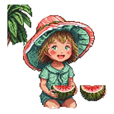 Change the river color to a deep blue, keeping the rest of the pixel art scene the same, with a cheerful child in a big sun hat eating watermelon by a sparkling river, water splashing, summer vibes. sticker