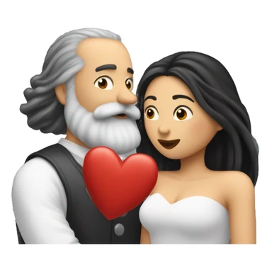 Red hearts are flying and Bald and gray beard man kisses from lips of  long black hair white woman sticker