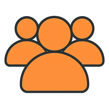 simple icon of a silhouette representing followers: group of stylized people with one person in the foreground, orange color #fe6601, transparent background sticker