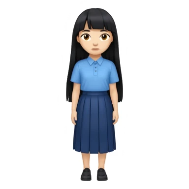 hair : black long hair with fringe 
skin : light 
cloth : oversize light blue shirt + navy long long skirt 
 sticker