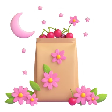 a tea bag with pink flowers, cherries, and a moon and stars sticker