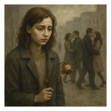 a woman with a lonely expression, holding a wilted flower, looking at couples passing by, feeling left out and unable to find love sticker