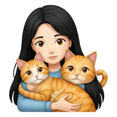 A black-haired girl hugs a long-haired golden tabby cat sticker