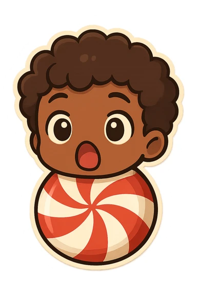 brown male peppermint chibi with curly hair, wide eyes and open mouth, surprised, vibrant colors sticker