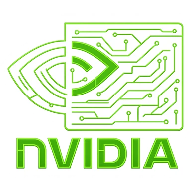 Transform the NVidia logo into a cyberpunk, holographic style with a solid, filled-in green main shape (not just outlines), glowing neon green edges, and circuit patterns throughout the entire icon. Overlay the neon and circuit effects on top of the solid green fill. Maintain the recognizable NVidia eye shape and keep the background outside the logo transparent. The whole icon should have a consistent cyberpunk glow and intricate circuit details. sticker
