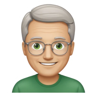 Man with receding hair, grey hair only on the sides, green eyes, rectangular reading glasses, rounded clear face, with a smile sticker