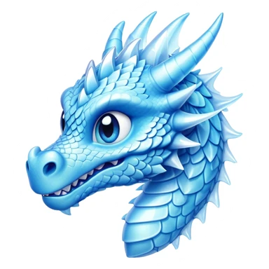 Cinematic Cute Beautiful Ice Dragon Portrait Emoji, Head tilted playfully and inquisitively, featuring a sleek, glacial form with intricately detailed, frost-kissed scales in shimmering blues and sparkling silver, accented by delicate ice crystal patterns and a gentle, enchanting glow; rendered with lifelike clarity and soft, natural light, high shine, charming and cool, styled with a touch of wintry fantasy, soft glowing outline, capturing the essence of a mischievous yet endearing ice guardian poised to twirl playfully into your dreams! sticker
