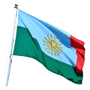 Un drapeau divisé horizontalement en deux parties égales : la partie supérieure est bleue représentant le ciel, et la partie inférieure est verte représentant la terre. Au centre du drapeau, il y a une grande roue rouge à 16 rayons, semblable à une roue de charrette.  sticker