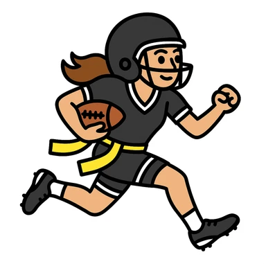 Update to show a woman running with a football, wearing a helmet, a black uniform with white accents, and a lemon lime colored flag belt around her waist. No country flags. Keep the background transparent. sticker