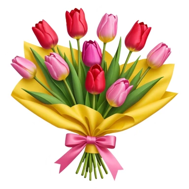 bouquet of tulip with bow and yellow wrapping paper sticker