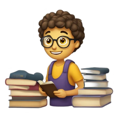 joven estudiante con  con un libro en sus manos y en su cabeza, junto a muchos libros y una lampara y un libro en su cabeza, con muchos y muchos  libros sticker